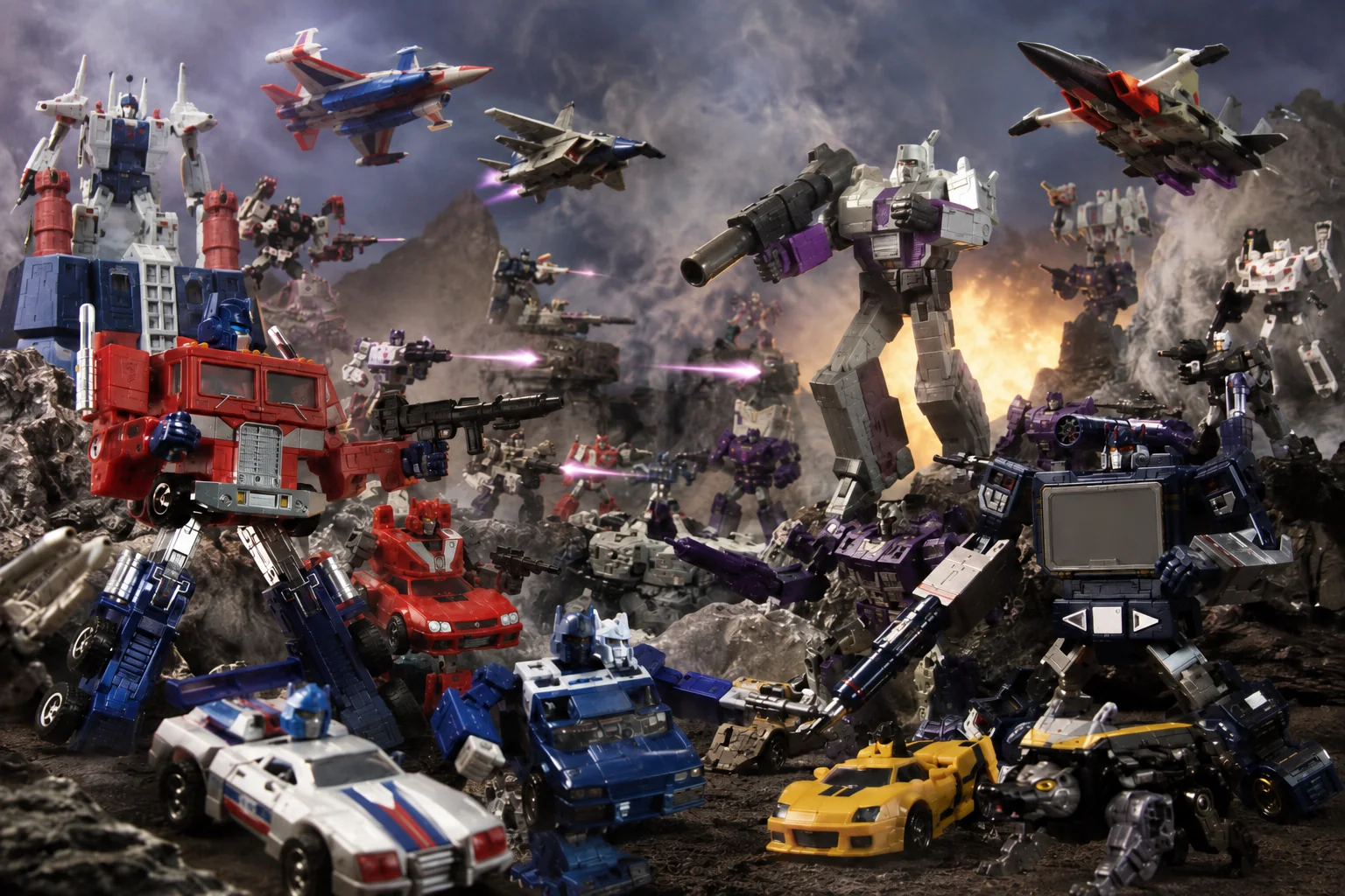 Large 1980s transforming robot battle with heroic red-and-blue truck and car robots facing silver, purple, and black villain robots and fighter jets.