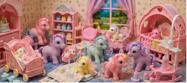 Pastel Baby Ponies inside a nursery playset with beds, bottles, blankets, a stroller, furniture, and grooming accessories.