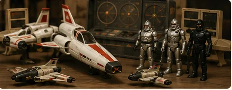 Late-1970s space fighter toys with small pilot figures and chrome robot enemies