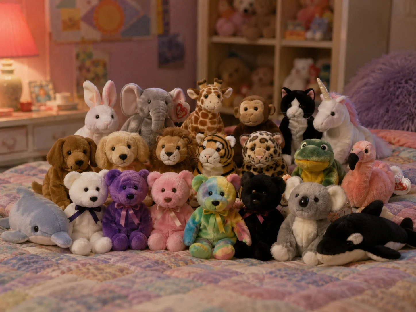 Collection of small 1990s bean-filled plush animals arranged on a bed