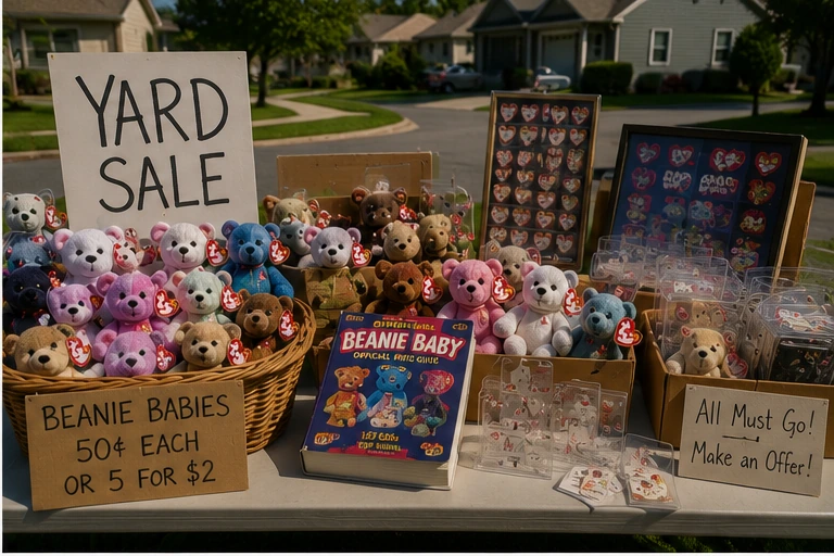 Suburban yard sale with baskets of Beanie Babies, old price guides and protective cases
