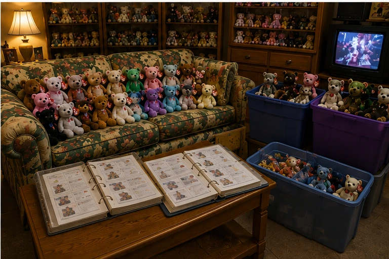 1990s family room overtaken by Beanie Babies on shelves, couches and storage bins