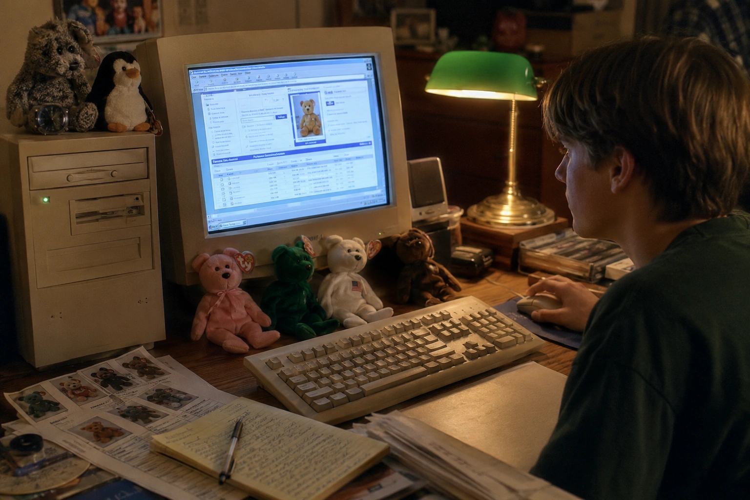 Late-1990s desktop computer showing an early online auction beside Beanie Babies and printed listings