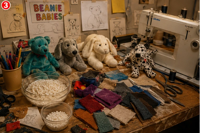 Early plush-toy design workbench with floppy animal prototypes, fabric swatches, pellets and sewing tools
