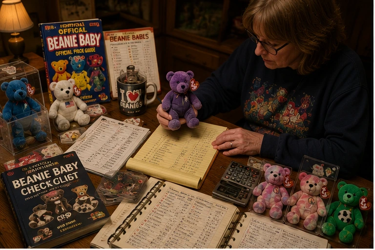 Collector calculating Beanie Babies values at a kitchen table with price guides and a calculator