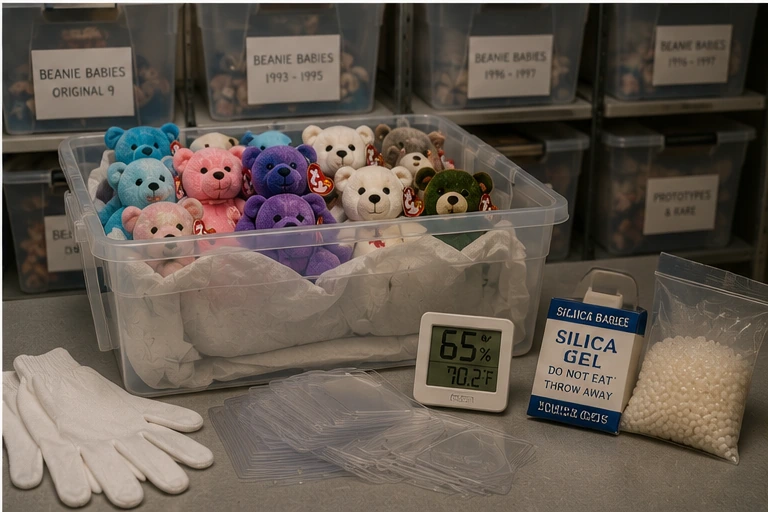 Beanie Babies stored in clean archival bins with tag protectors and humidity monitoring