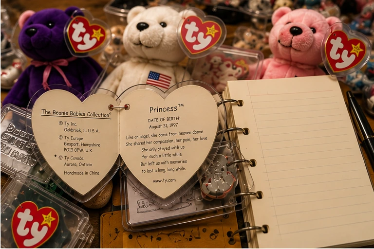 Beanie Babies with red heart tags, tag protectors, birthday notes and collector pages