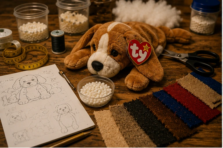 Under-stuffed plush dog beside plastic pellets, fabric samples and design sketches