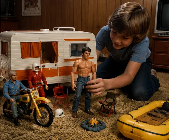 Child staging an outdoor mission with Big Jim figures, a camper, motorcycle and adventure gear