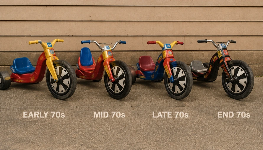 Lineup of Big Wheel trikes showing changing colors and styles across the 1970s