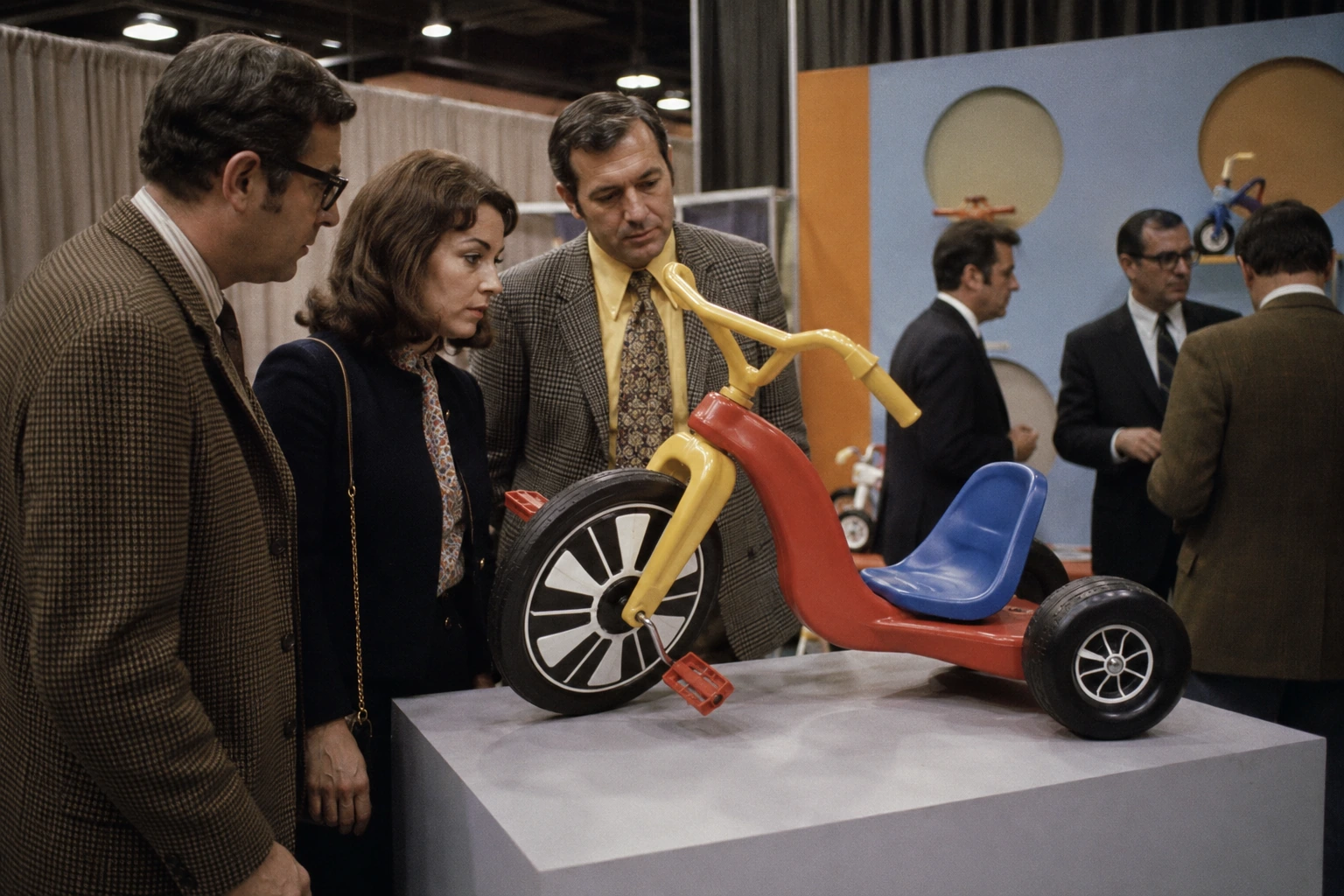 Adults examining a newly introduced Big Wheel-style plastic trike at a recreated 1969 toy fair