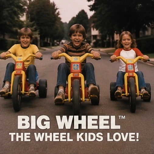 Low-angle recreation of children racing Big Wheels in a 1970s television commercial
