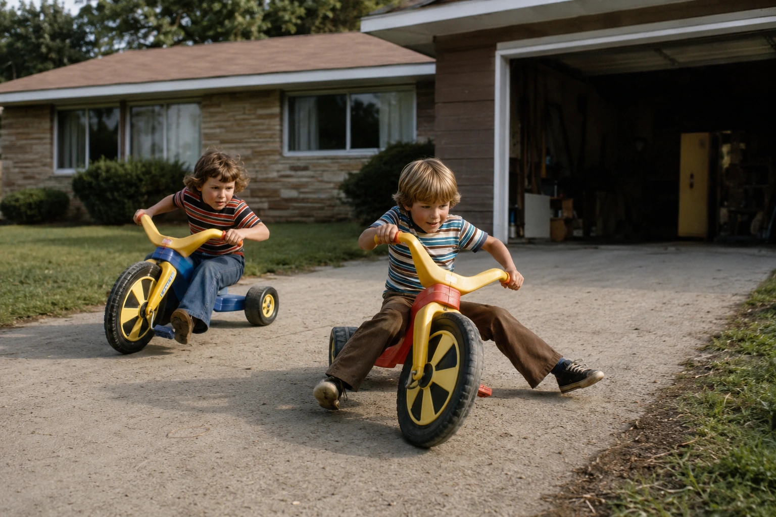 Two children racing classic Big Wheel trikes on a sunny 1970s suburban driveway