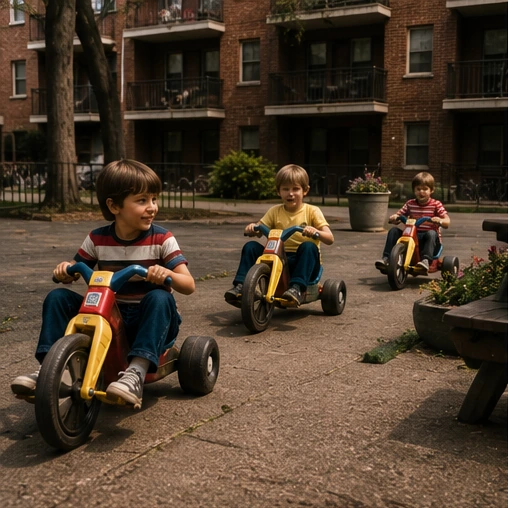 Children riding Big Wheels through a brick apartment courtyard in the 1970s