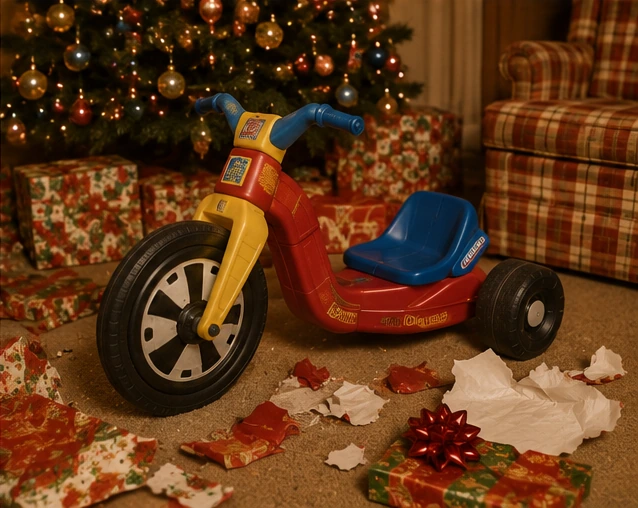 Newly assembled Big Wheel beside a decorated 1970s Christmas tree and torn wrapping paper