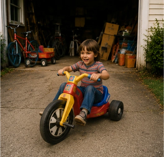Child riding a Big Wheel in front of a crowded 1970s garage filled with bicycles and yard toys