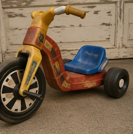 Sun-faded vintage Big Wheel with worn rear tires, scraped plastic and peeling graphics