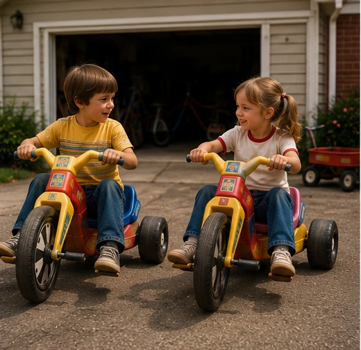 Two children on Big Wheels comparing rides in front of a crowded suburban garage
