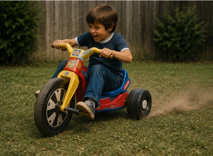 Child trying to ride a Big Wheel across grass in a 1970s yard