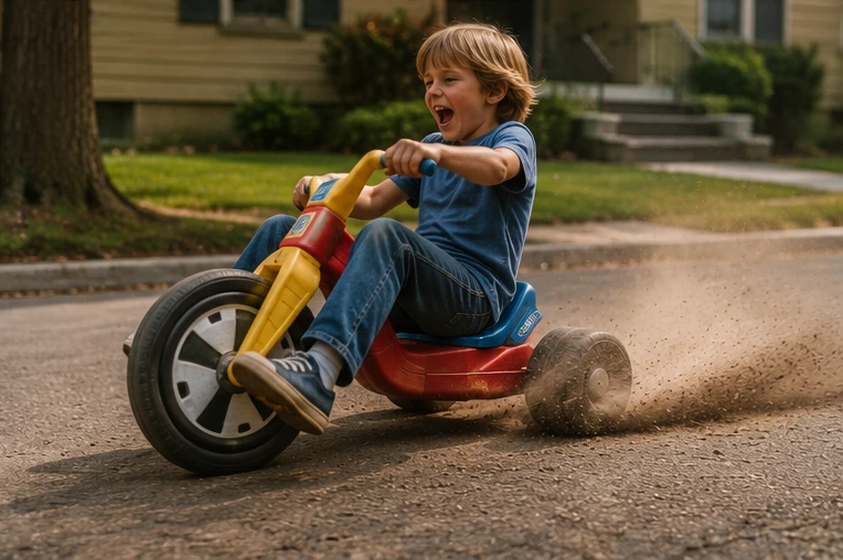 Child swinging a Big Wheel sideways in a dramatic handbrake-style spinout