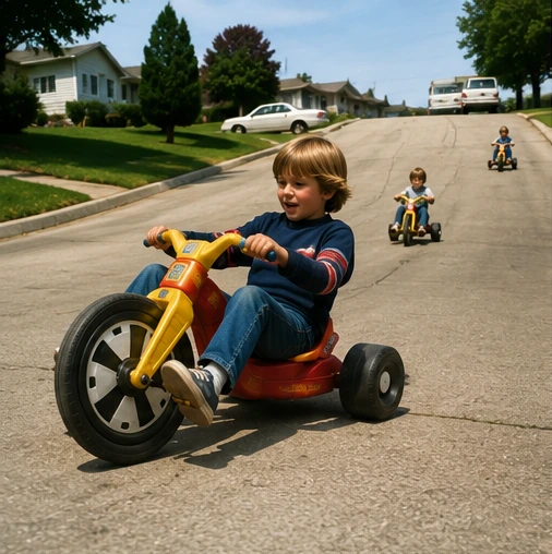 Child riding a Big Wheel down a gentle suburban hill with other riders behind