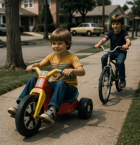 Young child riding a Big Wheel independently while an older child follows on a bicycle