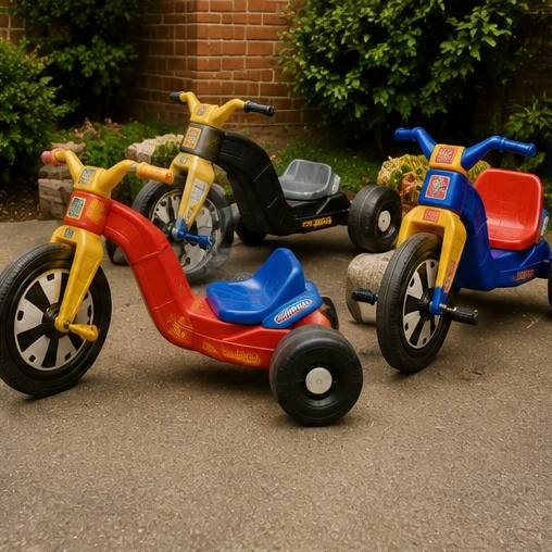 Several differently styled 1970s Big Wheel trikes displayed together outdoors