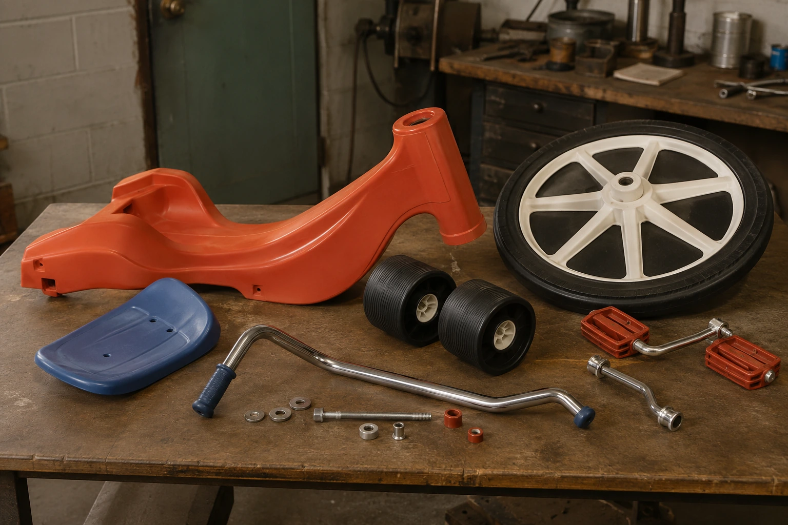 Molded Big Wheel frame, wheels, seat, handlebars, pedals and hardware arranged on a workshop table