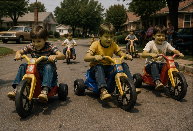 Group of children riding Big Wheels together down a 1970s residential street