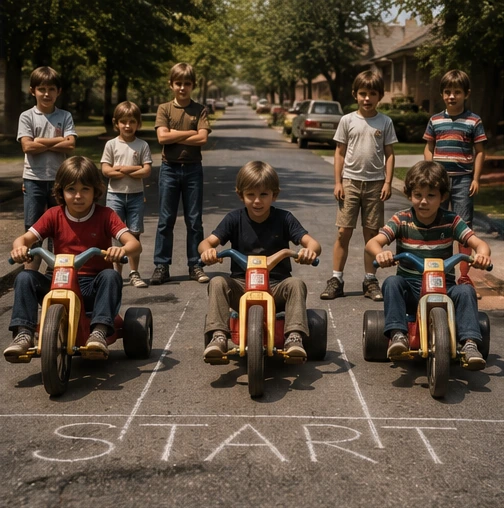 Three children lined up on Big Wheels for a neighborhood race marked with chalk