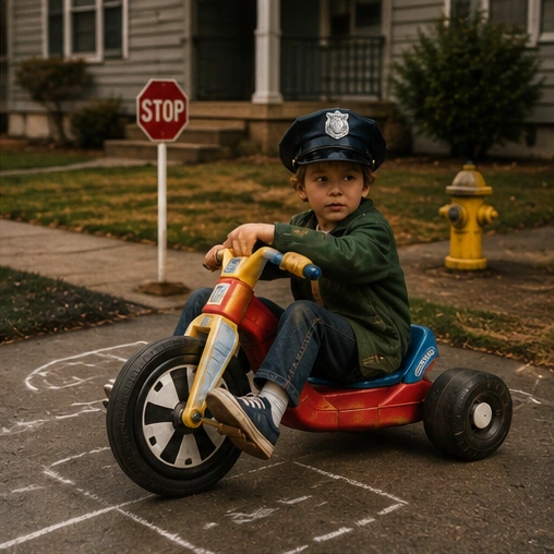 Child wearing a toy police cap while patrolling chalk streets on a Big Wheel