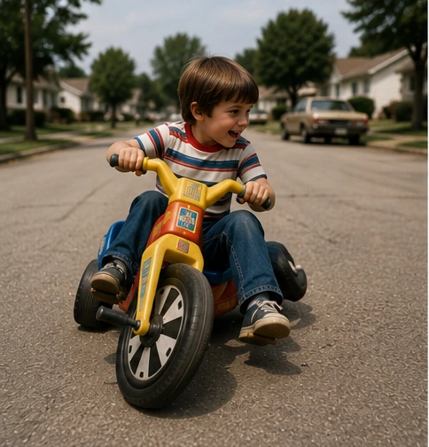 Child leaning into a sharp turn on a low-riding Big Wheel in a 1970s neighborhood