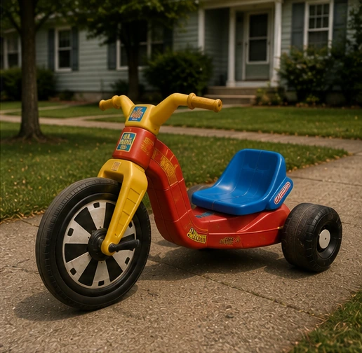Classic red, yellow and blue Big Wheel parked alone on a suburban driveway