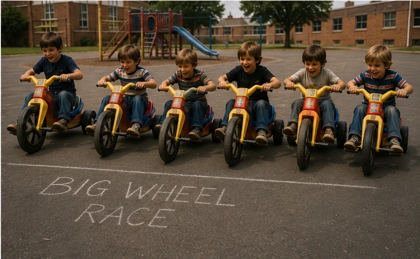 Group of children racing Big Wheels across a schoolyard blacktop