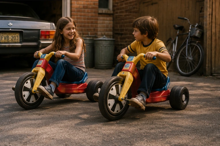 Brother and sister taking turns on worn Big Wheels beside a 1970s garage