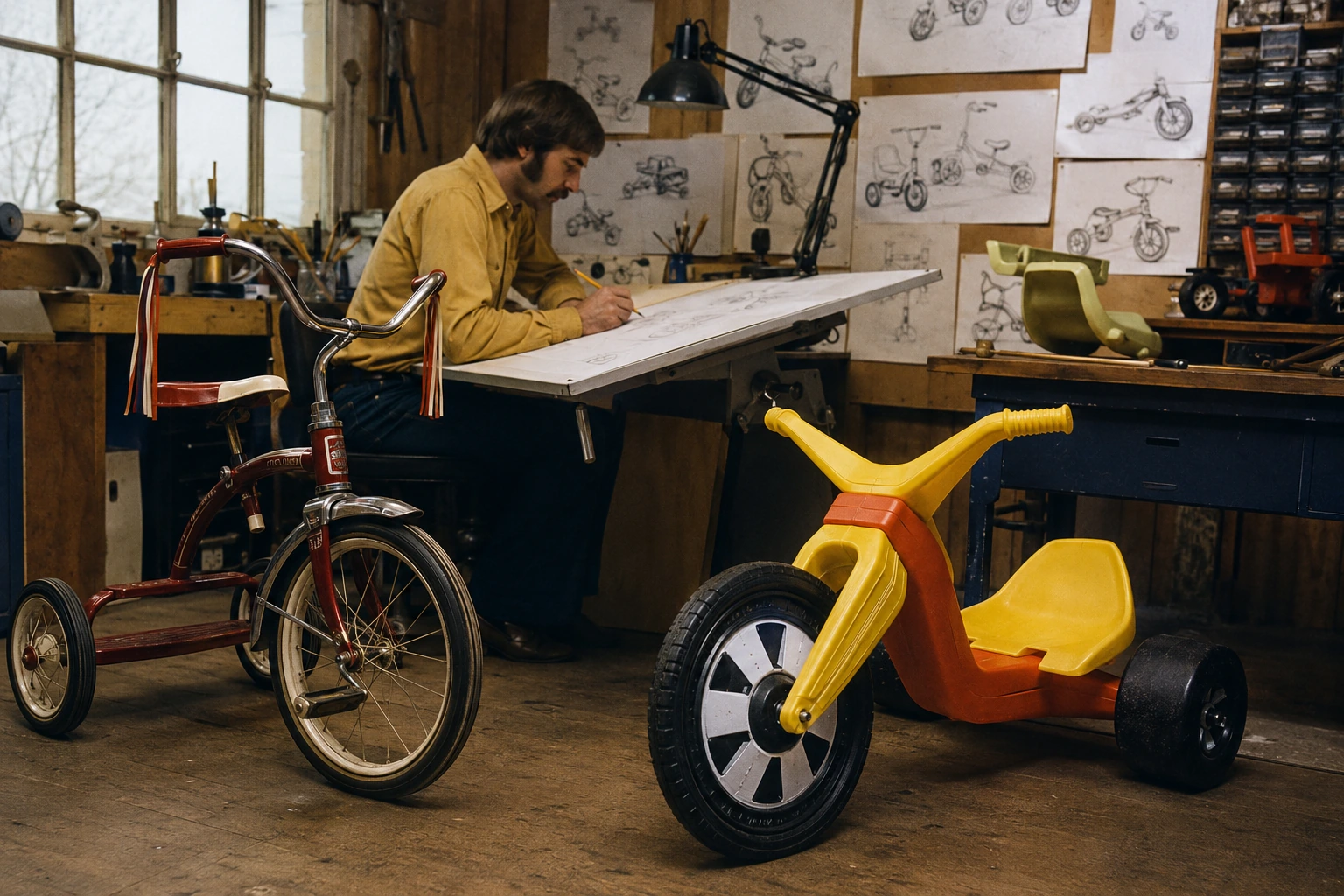 Late-1960s toy designer comparing a steel tricycle with an experimental low-riding plastic trike