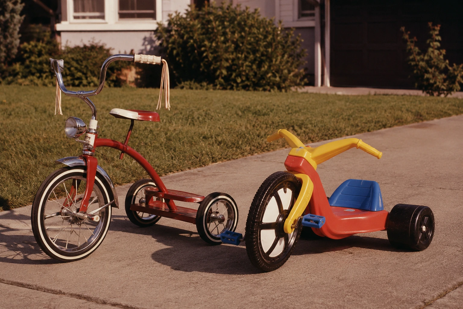 Traditional upright steel tricycle beside a low-riding plastic Big Wheel on a 1970s driveway
