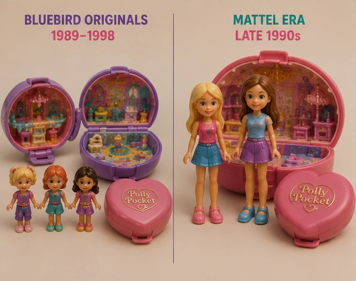 Original Bluebird Polly Pocket micro dolls compared with larger late-1990s Mattel-era Polly figures and playsets