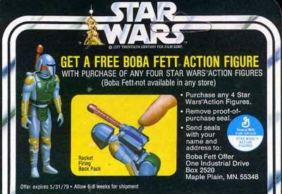 A vintage mail-away bounty-hunter figure with its plain shipping mailer and paperwork