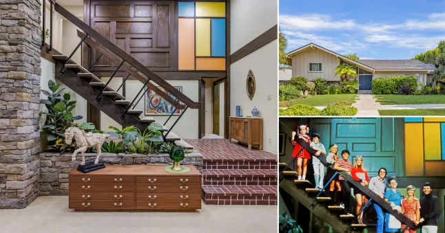 The Brady Bunch house exterior, recreated staircase interior and cast posed on the famous stairs