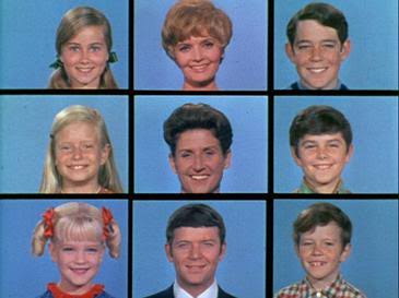 The iconic Brady Bunch opening title grid with the nine principal family members