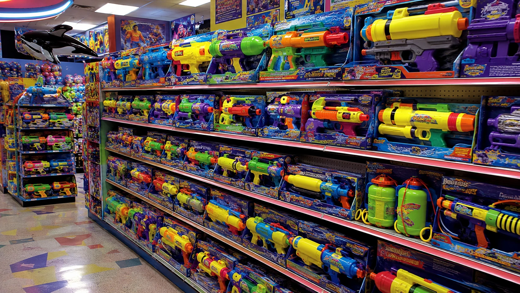 Bright 1990s-style toy-store aisle packed with neon boxed water blasters