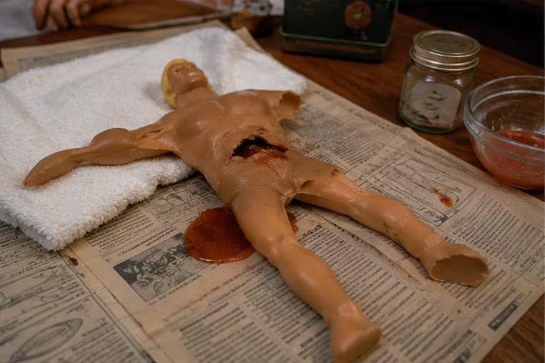 Badly torn and partially deflated Stretch Armstrong resting on towels and newspaper after a leak