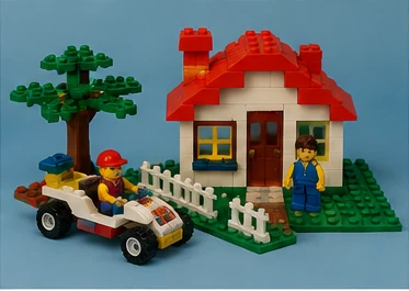 Colorful 1990s-style interlocking building block house tree and vehicle set