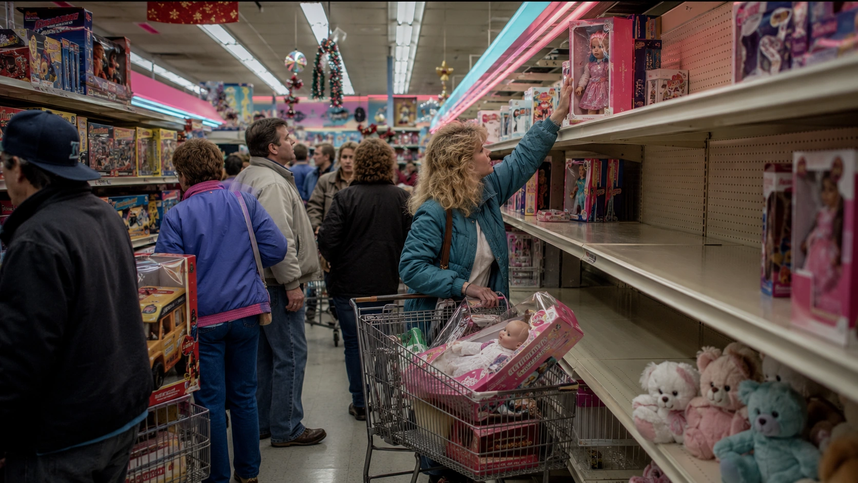 Crowded 1980s toy-store aisle during the Christmas shopping rush