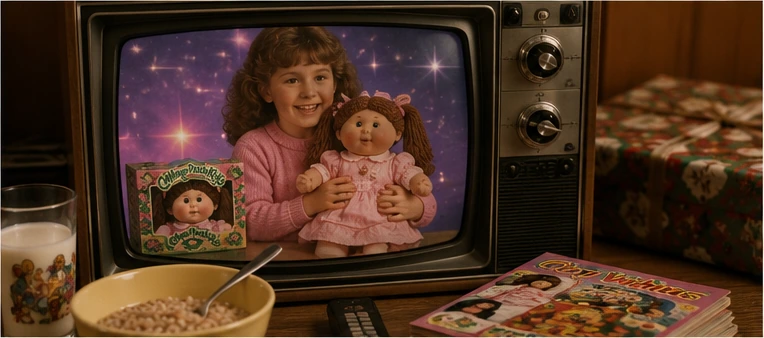 Child watching a 1983 doll commercial on a woodgrain CRT television beside cereal, a toy catalog, and wrapped gifts