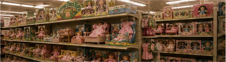 Full mid-1980s toy-store aisle stocked with dolls, babies, clothing, accessories, furniture, and related products
