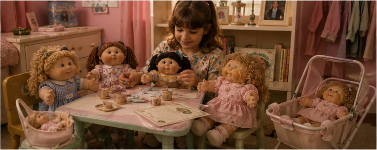 Child playing family with several yarn-haired dolls, toy dishes, stroller, crib, clothing, and adoption papers
