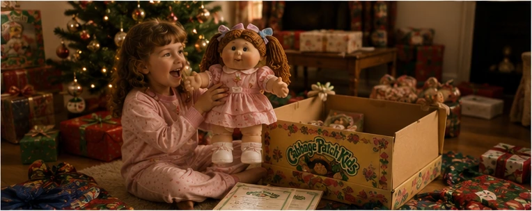 Child opening a boxed yarn-haired doll beside an 1980s Christmas tree with adoption papers visible on the floor
