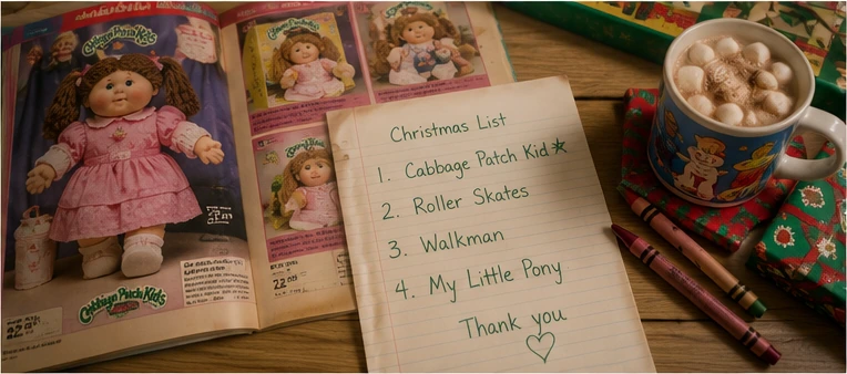 Open 1983 Christmas toy catalog with a handwritten wish list, crayons, cocoa, and doll pages marked for Santa